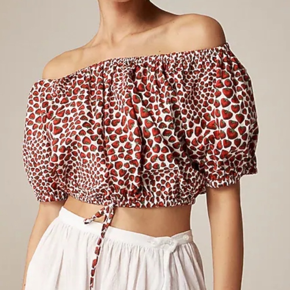 J.Crew clinched waist cropped top strawberry swirl cotton poplin XS blouse new
